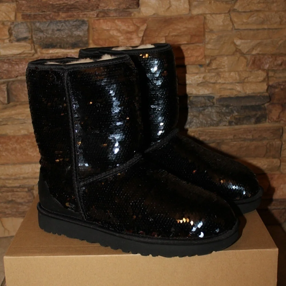 NIB UGG SEQUIN SPARKLE Classic‎ Boots BLACK